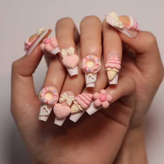 Sweet Delights Long Coffin Pink Fun Dessert-Themed Press-On Nail Set