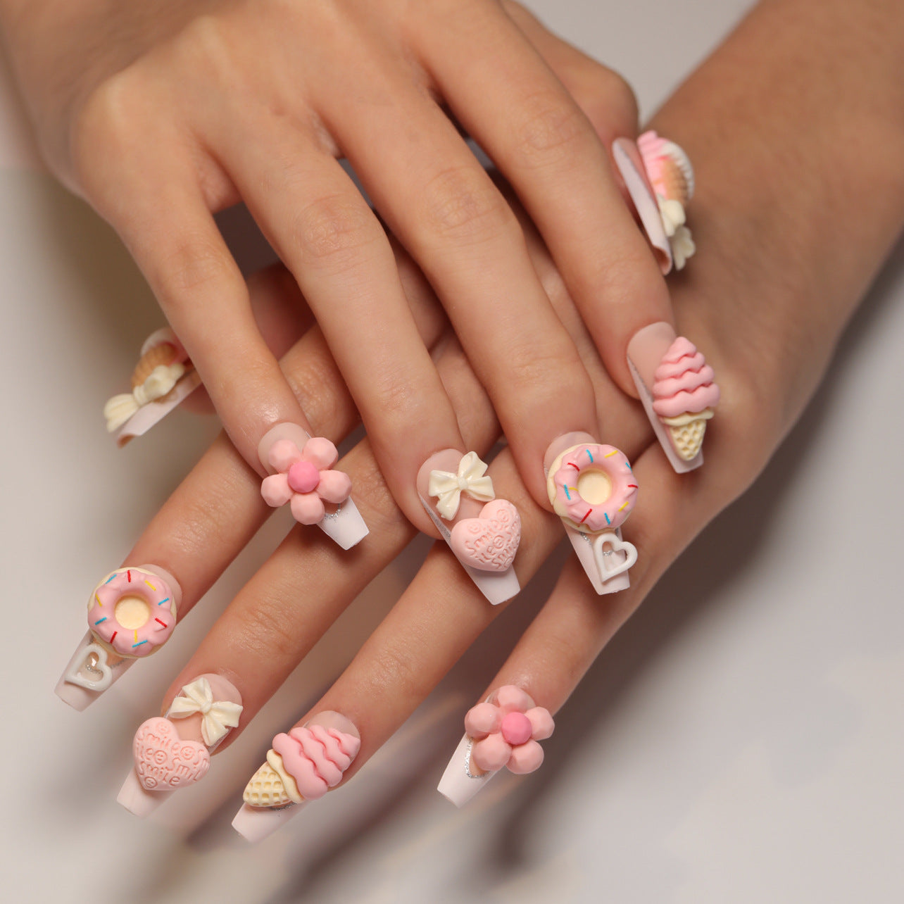 Sweet Treats Fantasy Long Coffin Pink Press-On Nail Set with Whimsical Dessert Designs