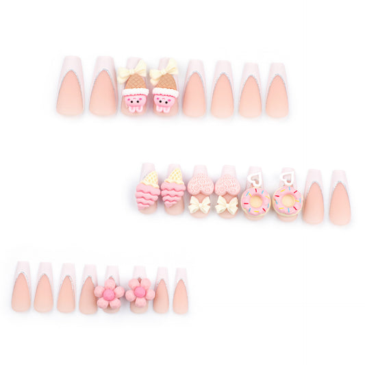 Whimsical Delight Press-On Nail Set Long Coffin Blush Pink with Cute Dessert Accents