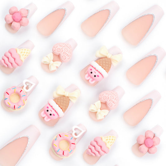 Sweet Treats Dreamy Long Coffin Pink Press On Nail Set with Fun Pastel Dessert Accents