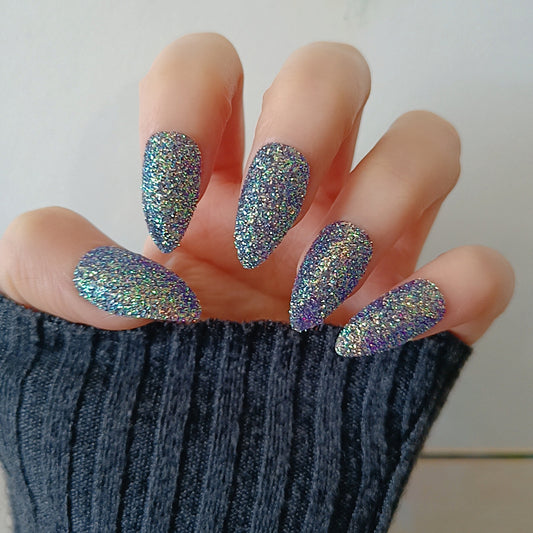 Galactic Glamour Iridescent Glitter Long Almond Purple Press On Nail Set