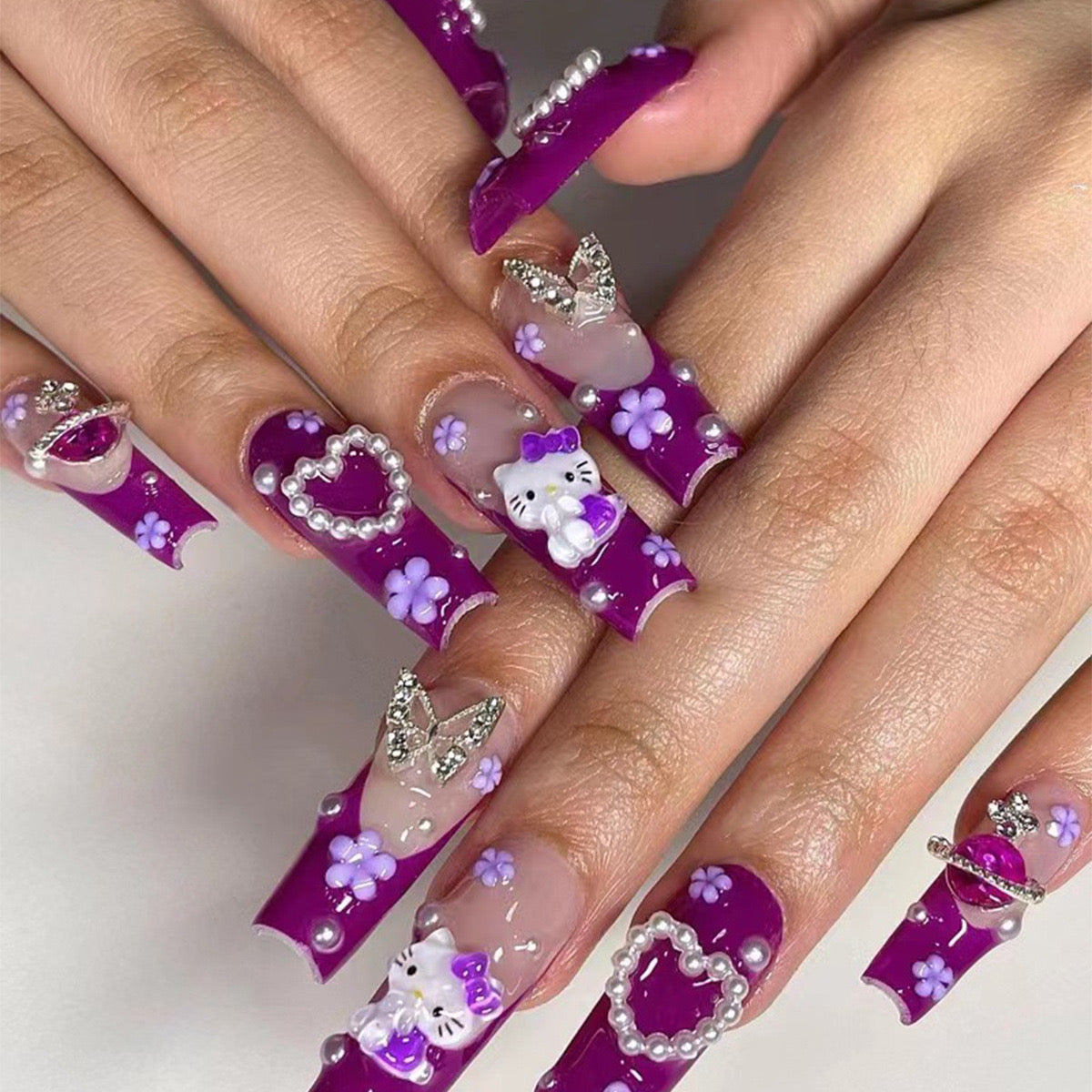 Kittys Garden Party Long Coffin Purple Press On Nails With Floral Patterns And Cartoon Cat Accents