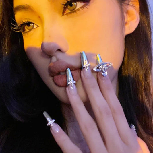 Celestial Glamour Long Coffin Iridescent Nails with Dazzling Star Accents