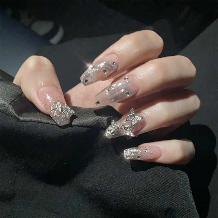 Glimmering Ocean Inspired Long Coffin Clear Press On Nail Set with Glittering Starfish Accents