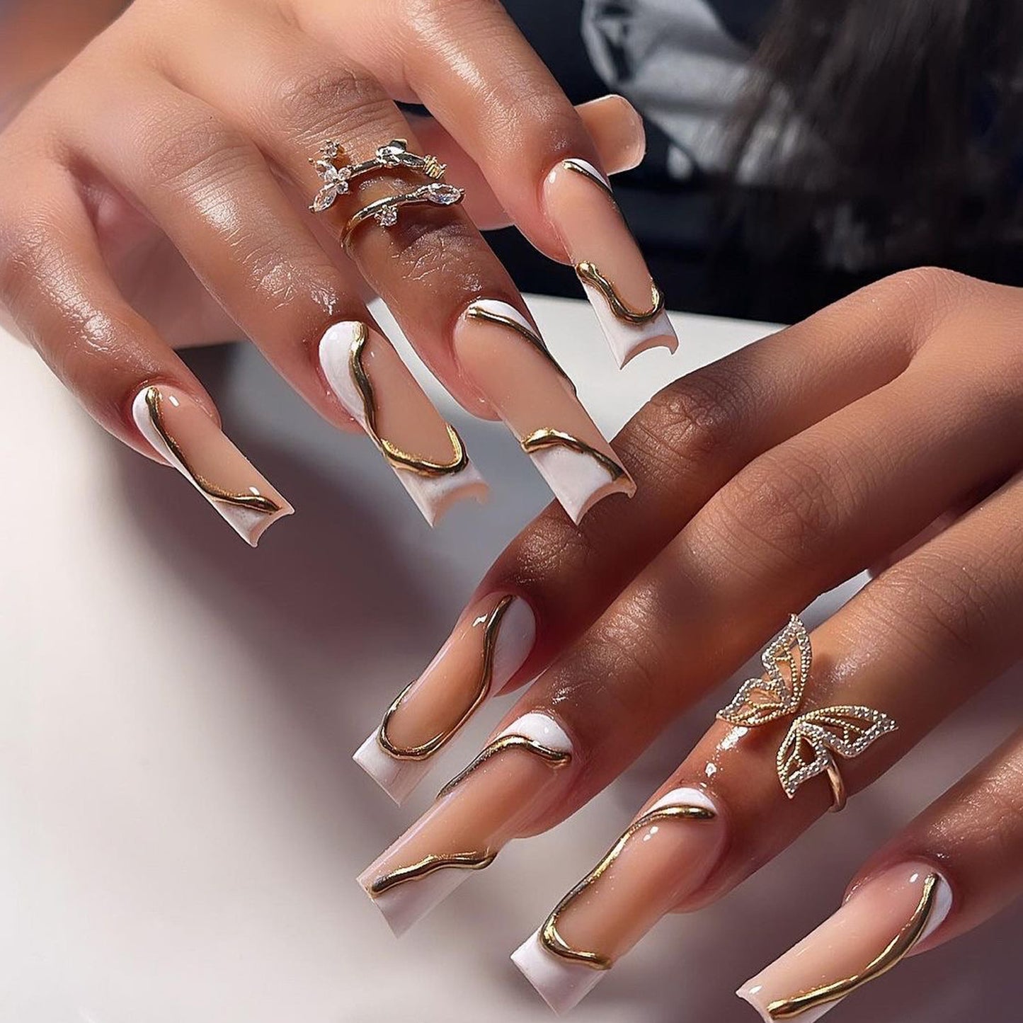 Elegant Affair Long Square White and Beige Press On Nails with Gold Accents