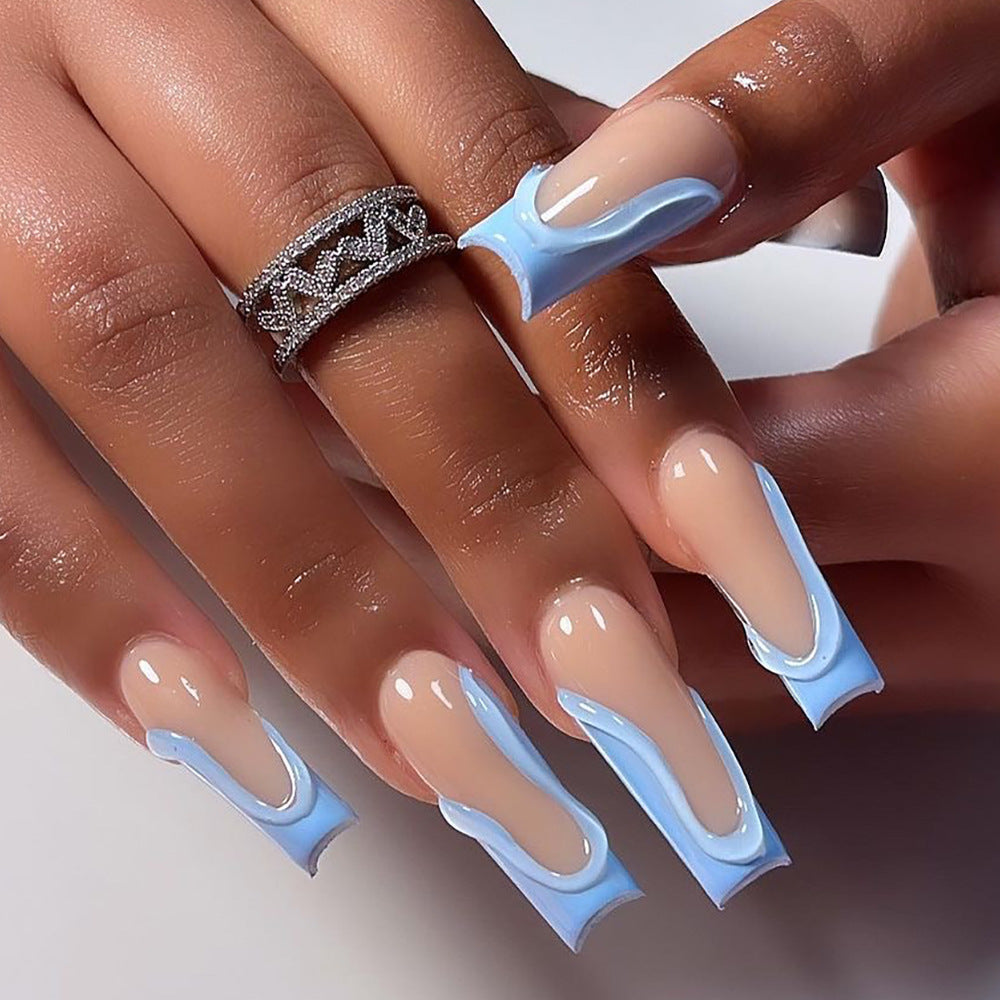 Ocean Breeze Long Coffin Beige Press On Nail Set with Sky Blue Swirl Accents