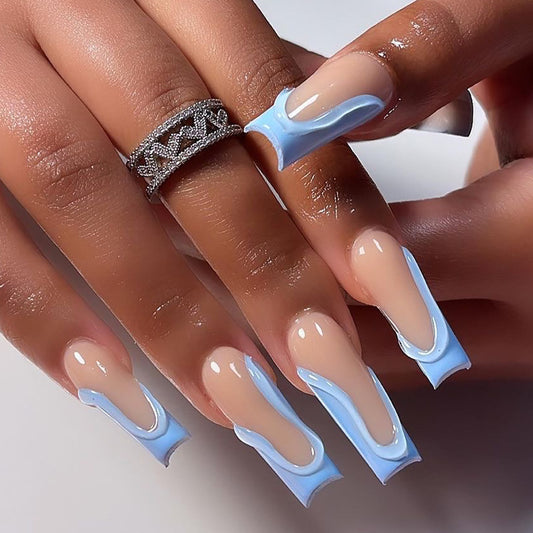 Ocean Breeze Long Coffin Beige Press On Nail Set with Sky Blue Swirl Accents