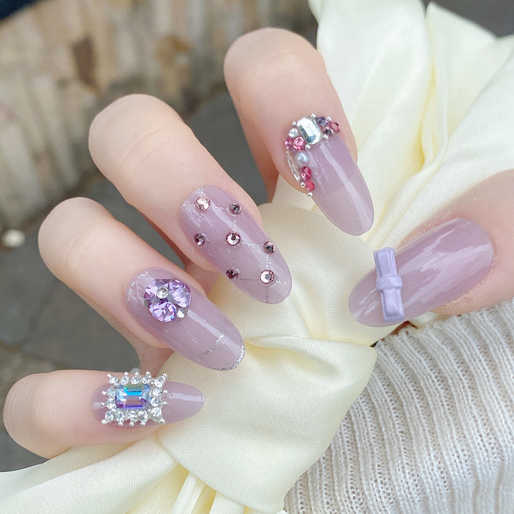 Dreamy Elegance Long Oval Lavender with Sparkling Rhinestones and Charming Bow Press-On Nail Set
