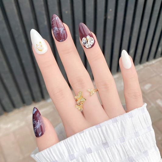 Glamorous Charm Long Almond Burgundy White Press On Nail Set with Crystal Embellishments
