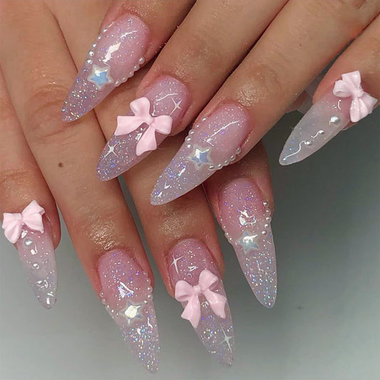 Enchanted Sparkle Long Almond Lavender Press On Nail Set with Glitter and 3D Bows