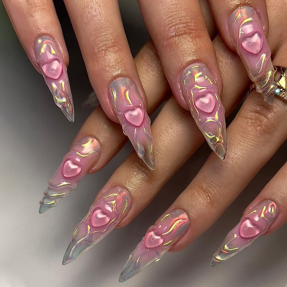 Enchanted Rose Garden Extra Long Stiletto Pink Iridescent Press On Nail Set with 3D Flower Embellishments