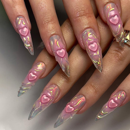Enchanted Rose Garden Extra Long Stiletto Pink Iridescent Press On Nail Set with 3D Flower Embellishments