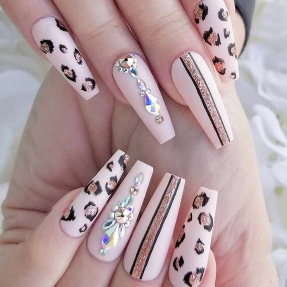Cheetah Chic Long Coffin Blush Pink Press On Nail Set with Glitter Stripes and Gemstone Accents