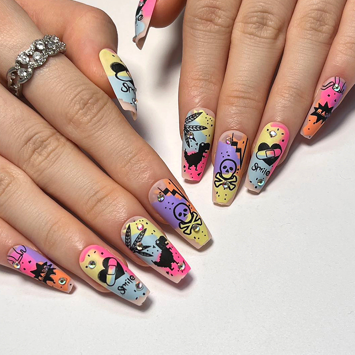 Whimsical Graffiti Medium Coffin Multicolor Press On Nail Set with Artistic Doodle Designs