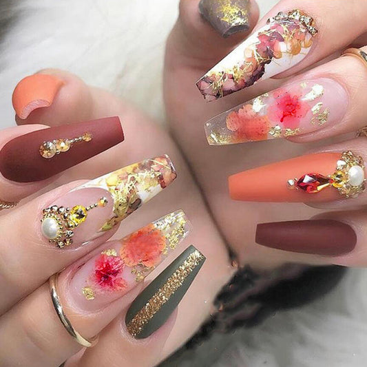 Autumn Floral Glam Press On Nail Set Long Coffin Shape Vibrant Orange and Red with Gold Accents