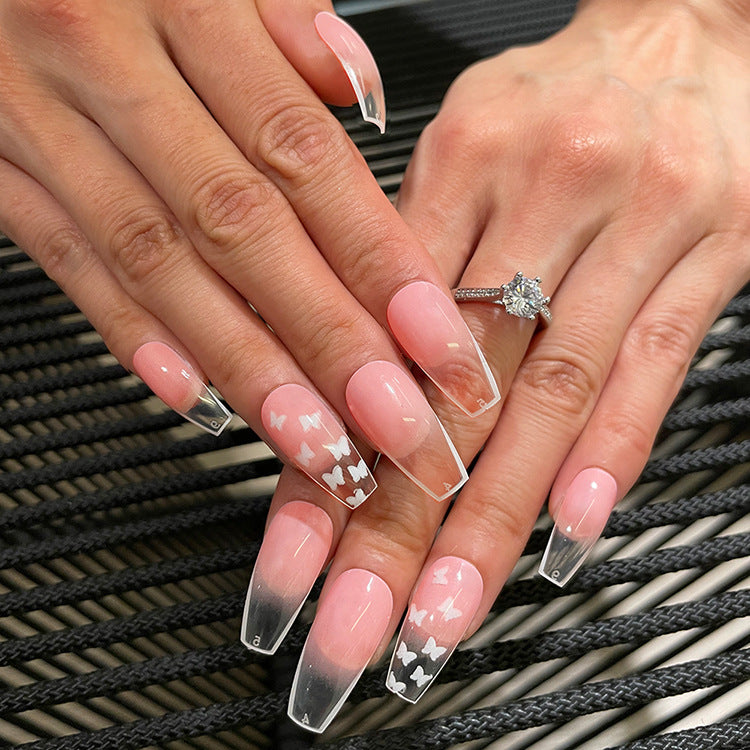 Butterfly Dream Long Coffin Pink Ombre Press On Nail Set with White Butterfly Designs