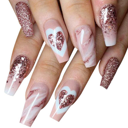 Romantic Rose Gold Long Coffin Press On Nail Set with Heart Designs and Glitter Finish