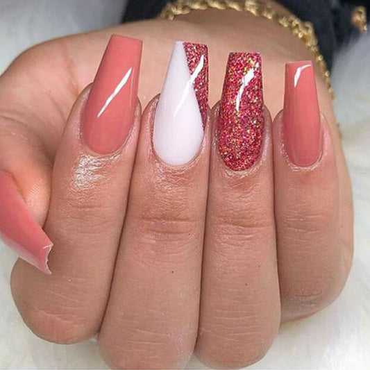 Glamorous Rose Gold Long Coffin Press On Nail Set with Glitter and Glossy Finish