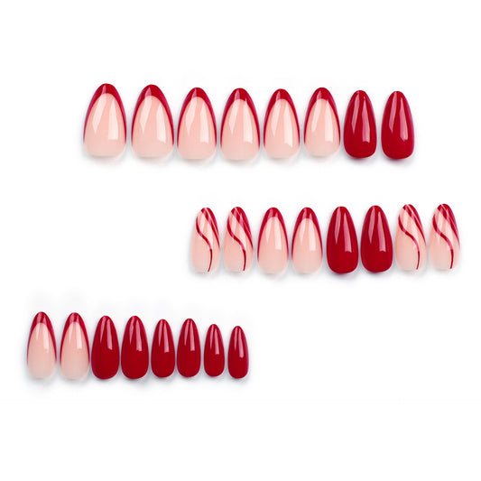 Radiant Romance Medium Almond Length Gradient Red and Pink Press-On Nail Set with Elegant Swirl Design