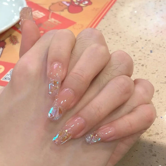 Glamorous Elegance Long Coffin Clear with Iridescent Glitter Press On Nail Set
