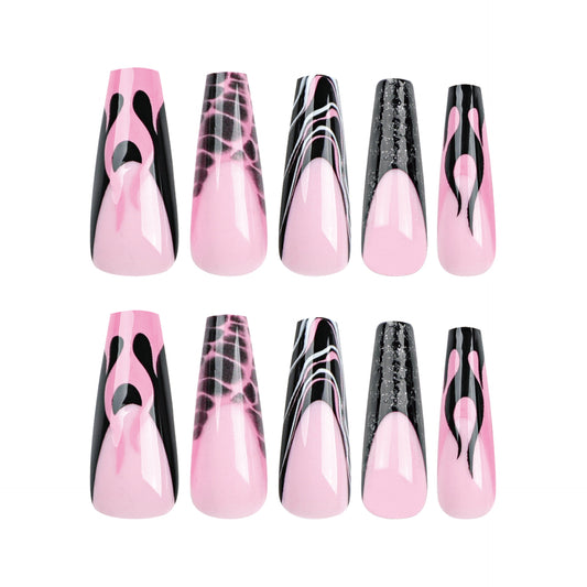 Elegant Affair Long Coffin Pink Press On Nails with Black Accent Designs and Glitter Detail
