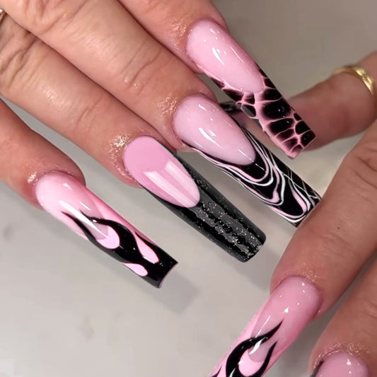 Mystic Swirl Long Coffin Pink and Black Press On Nail Set with Glitter Accents