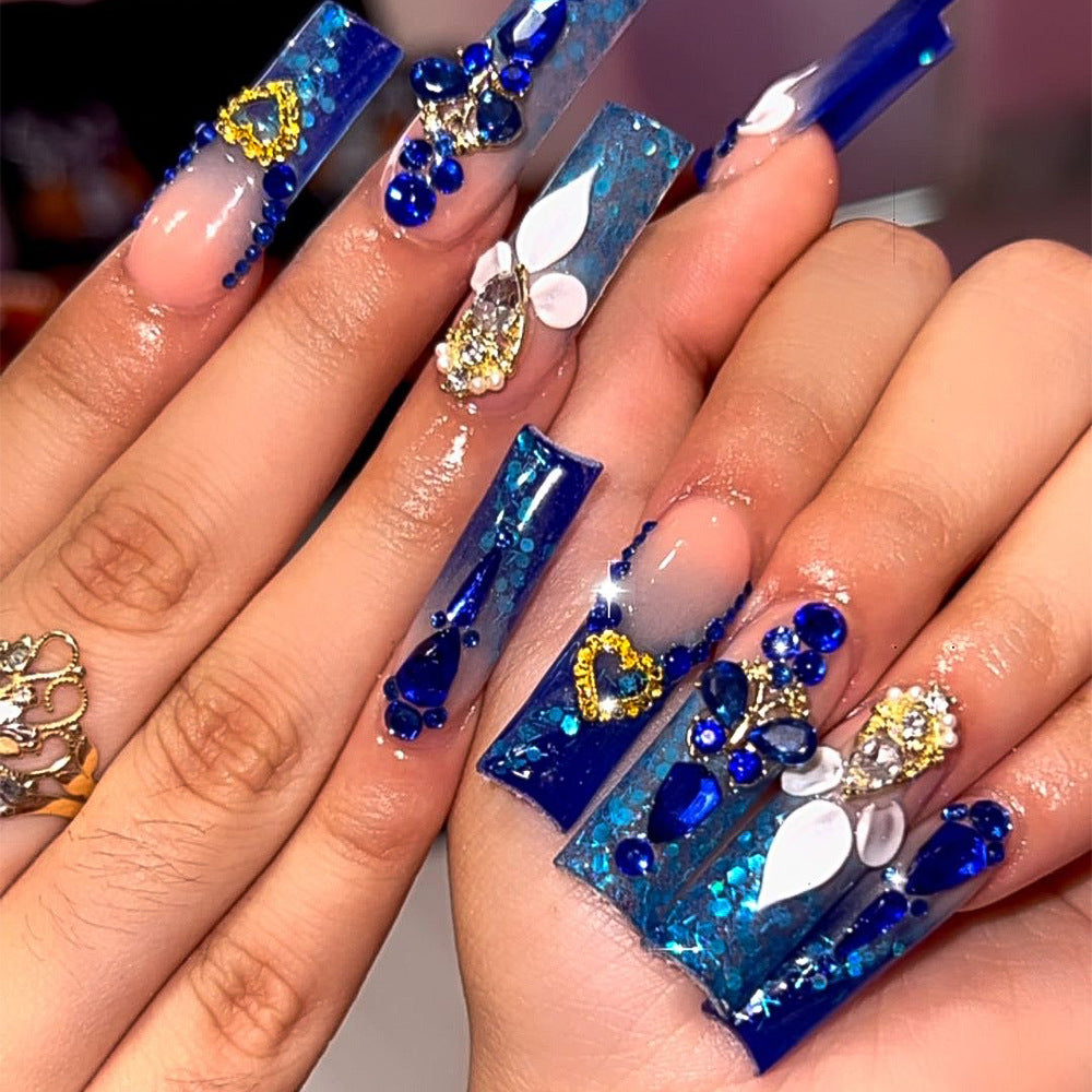 Royal Sapphire Elegance Long Coffin Blue Glitter Gemstone Embellished Press On Nail Set