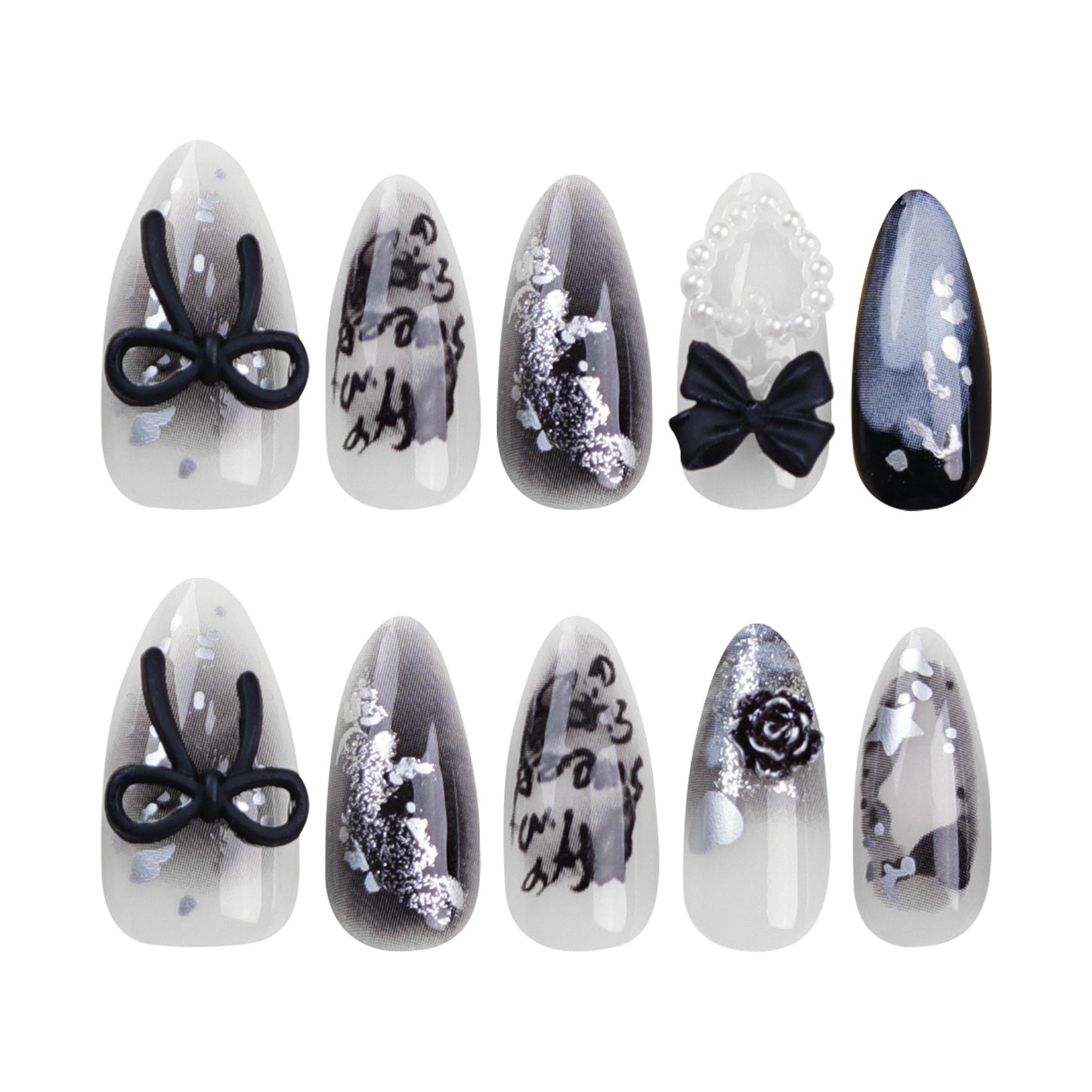 Elegant Evening Glamour Short Almond Black and White Nails with Unique Bow and Pearl Designs