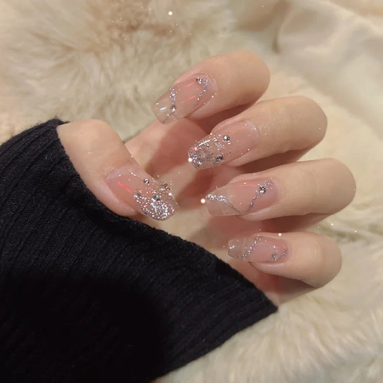 Celestial Elegance Long Square Transparent Nails with Sparkling Silver Accents
