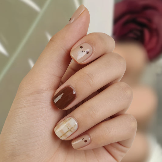 Charming Autumn Fantasy Short Square Brown and Beige Press On Nail Set with Unique Face Design