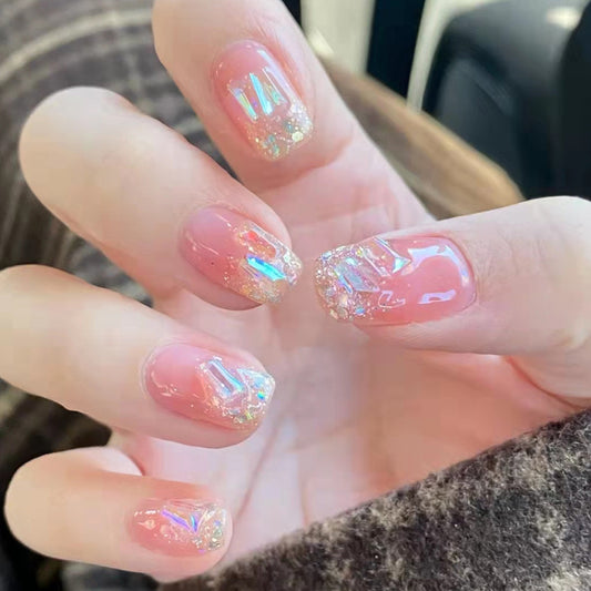 Enchanted Garden Medium Square Blush Pink Nails with Sparkling Glitter Accents