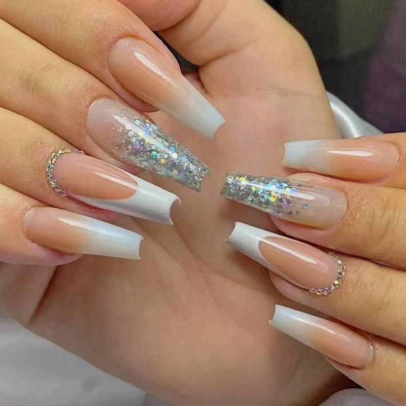 Elegant Soiree Long Coffin Ombre Pink Press On Nail Set with Glitter Accent and Rhinestone Detail