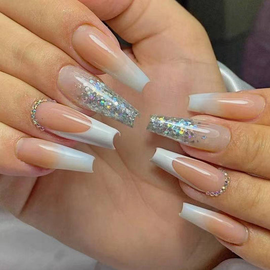 Elegant Soiree Long Coffin Ombre Pink Press On Nail Set with Glitter Accent and Rhinestone Detail