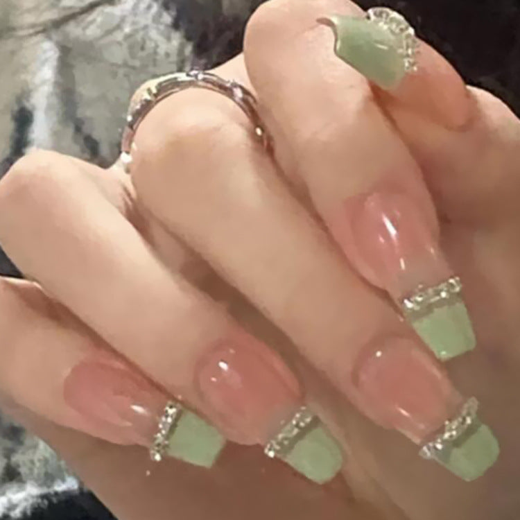 Enchanting Garden Dream Long Coffin Pale Pink and Mint Green Press on Nail Set with Sparkling Accent Gems