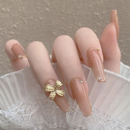Elegant Enchantment Long Coffin Almond Pink Glossy Finish with Bow Accent and Pearl Detail Press On Nail Set