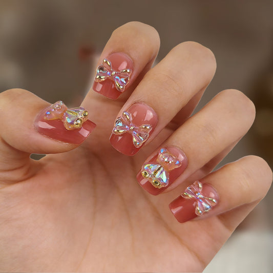 Whimsical Charm Short Square Pink with Sparkling Bow Accents Press-On Nail Set
