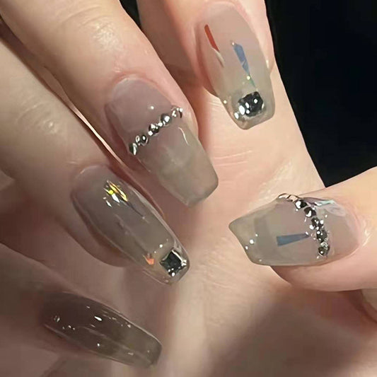 Glamorous Elegance Long Square Transparent with Shimmering Gem Accents Press on Nail Set
