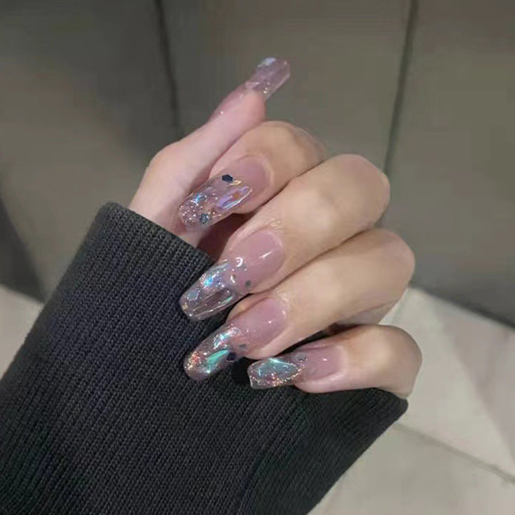 Enchanted Elegance Long Square Clear Nails with Iridescent Glitter Design