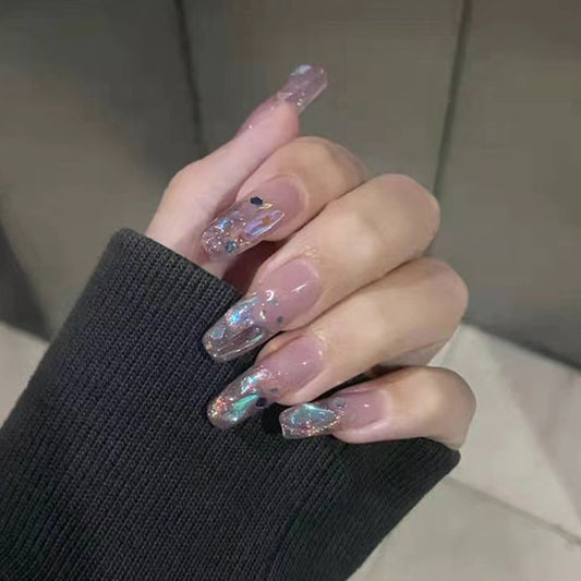 Enchanted Elegance Long Square Clear Nails with Iridescent Glitter Design