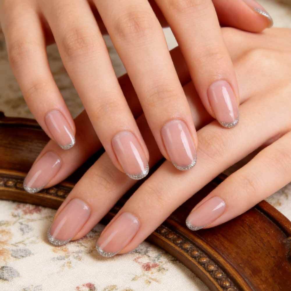 Elegant Enchantment Long Oval Light Pink with Glittered French Tips Press-On Nail Set