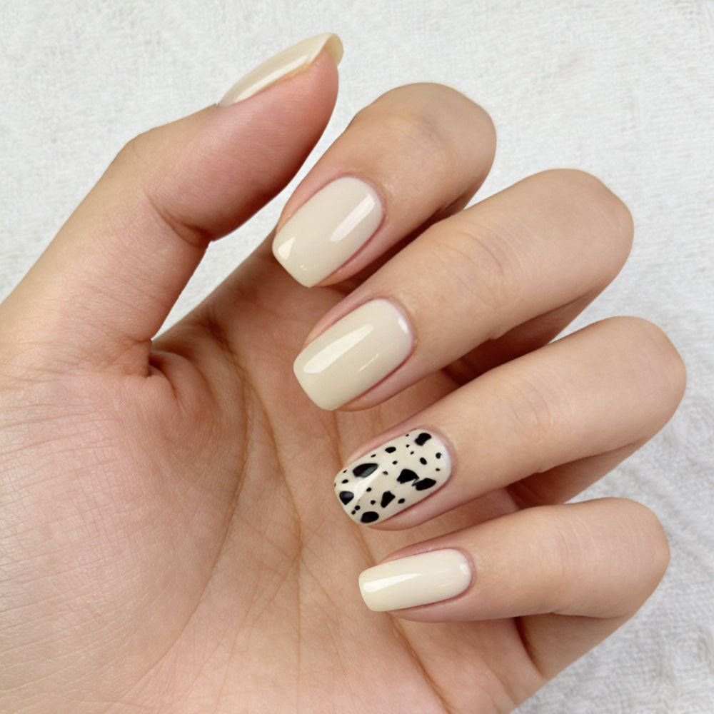 Chic Elegance Short Square Beige with Unique Dalmatian Print Accent Press-On Nail Set