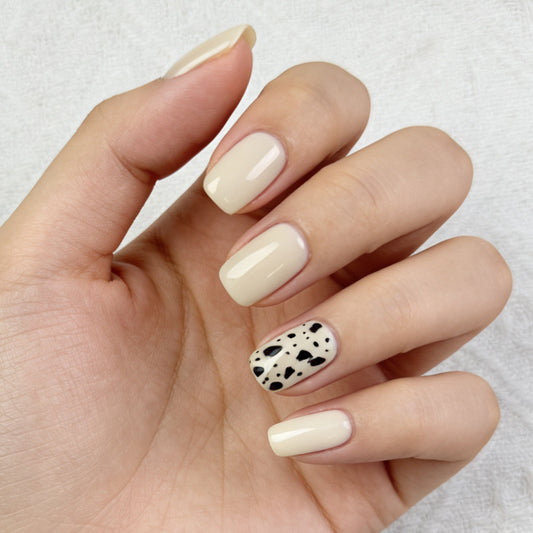Chic Elegance Short Square Beige with Unique Dalmatian Print Accent Press-On Nail Set
