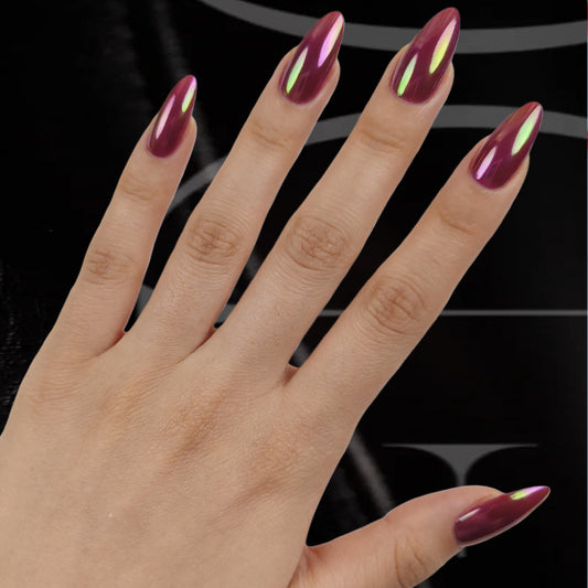 Gothic Glamour Long Almond Burgundy Nails with Iridescent Finish