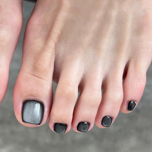 Elegant Charcoal Glamour: Short Square Gray Press On Toenails Set with Matte and Glossy Finish