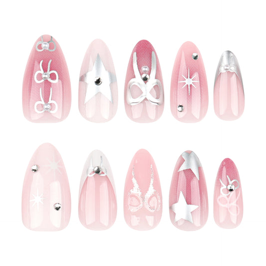 Whimsical Evening Dream Pink Medium Almond Shape Glittering Star Press On Nail Set