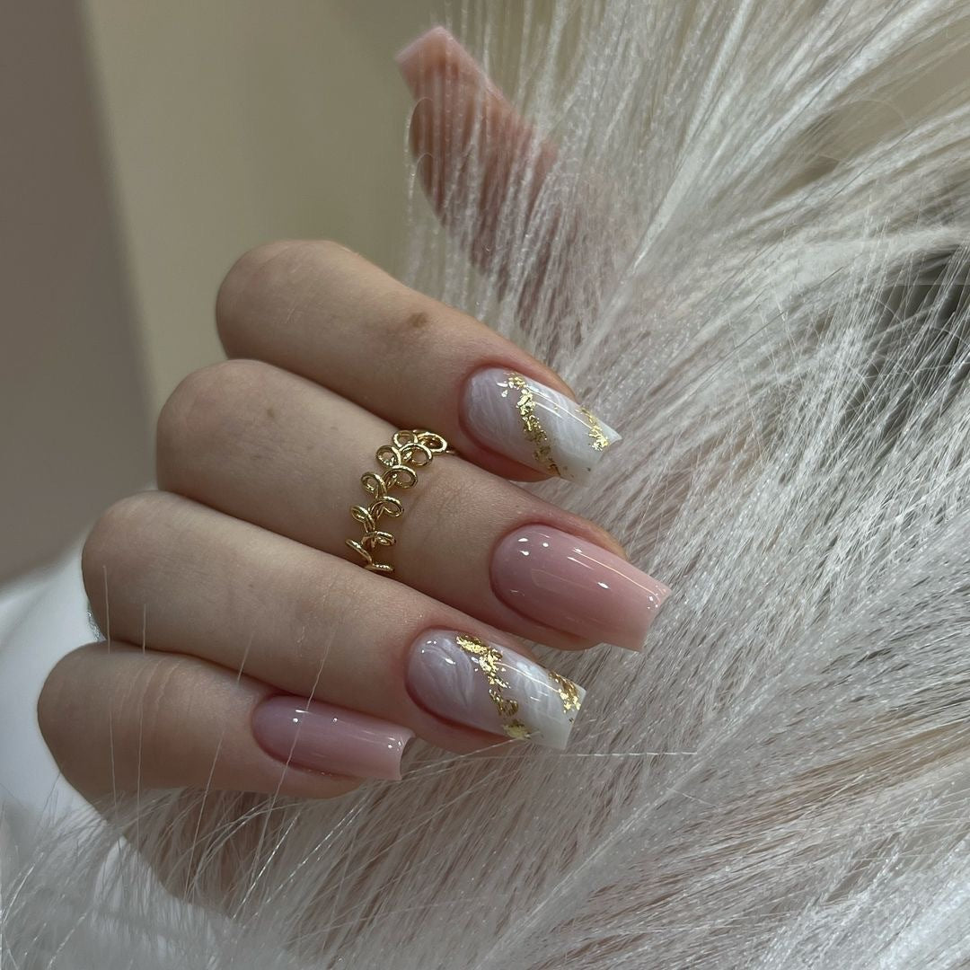 Elegant Bridal Collection Medium Square Pale Pink Press on Nail Set with Golden Accent Flakes