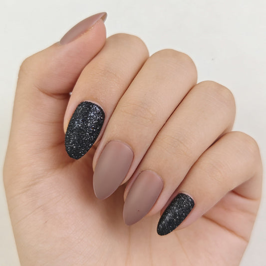 Glamorous Night Out Long Almond Matte and Sparkling Black Press-On Nail Set