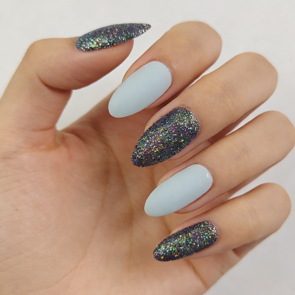Galactic Dream Long Almond Shaped Blue and Glittery Press On Nail Set for Instant Glamour