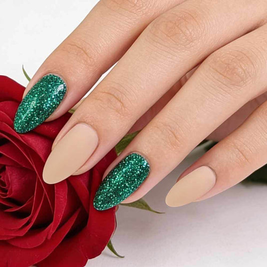 Enchanted Forest Elegant Long Almond Green Sparkle and Soft Matte Press-On Nail Set