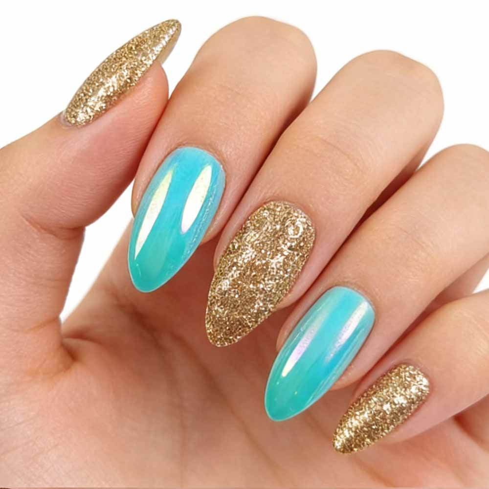 Tropical Dream Long Almond Shimmering Blue and Gold Glitter Press On Nail Set